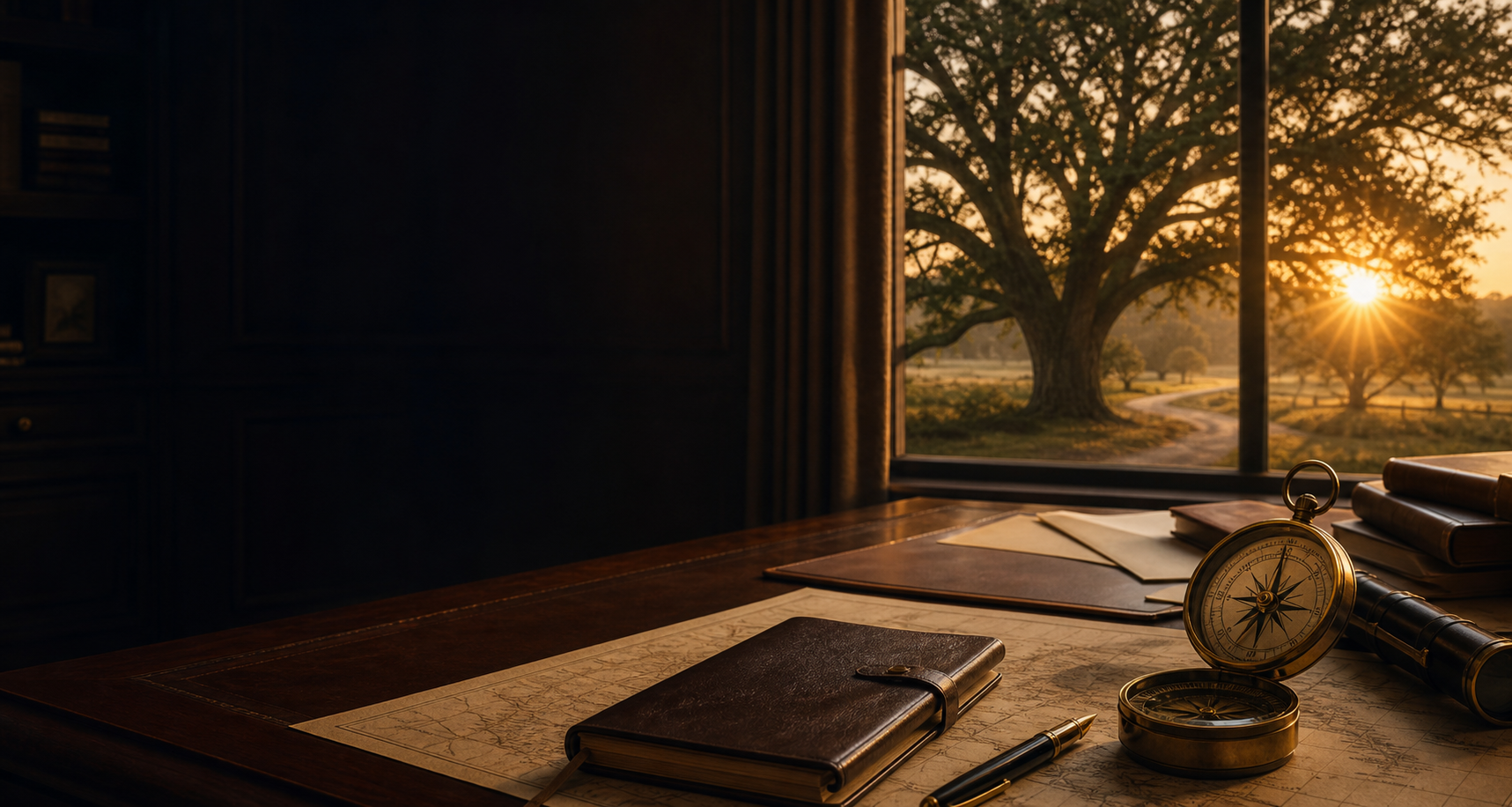 Oak field office with leather notebook, map, brass compass, and business papers