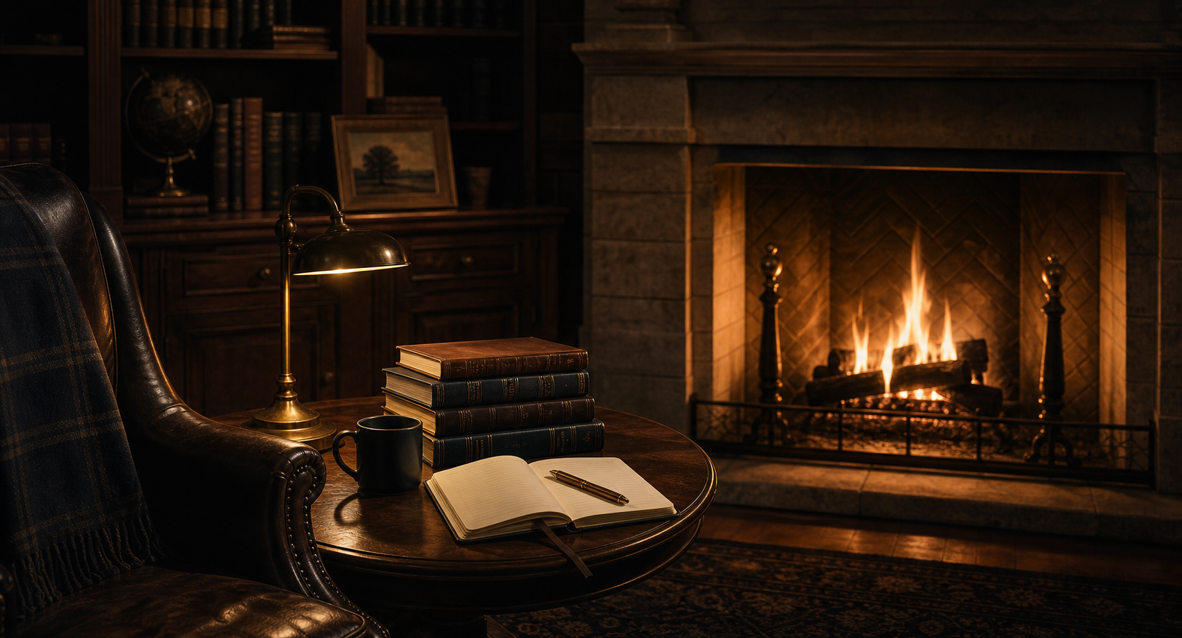 Warm fireplace in an executive study with books and a notebook