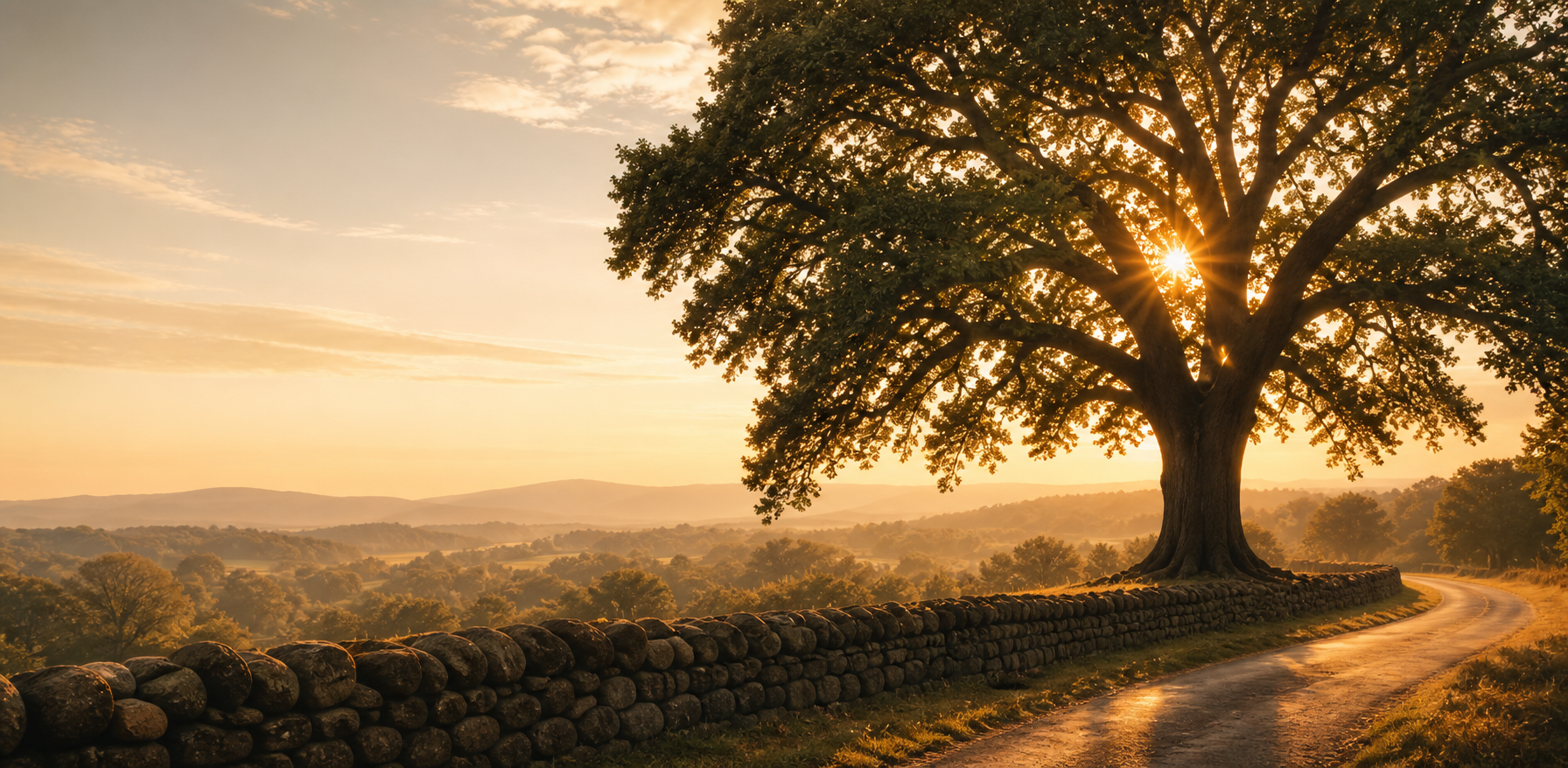 Oak tree and country road at sunrise