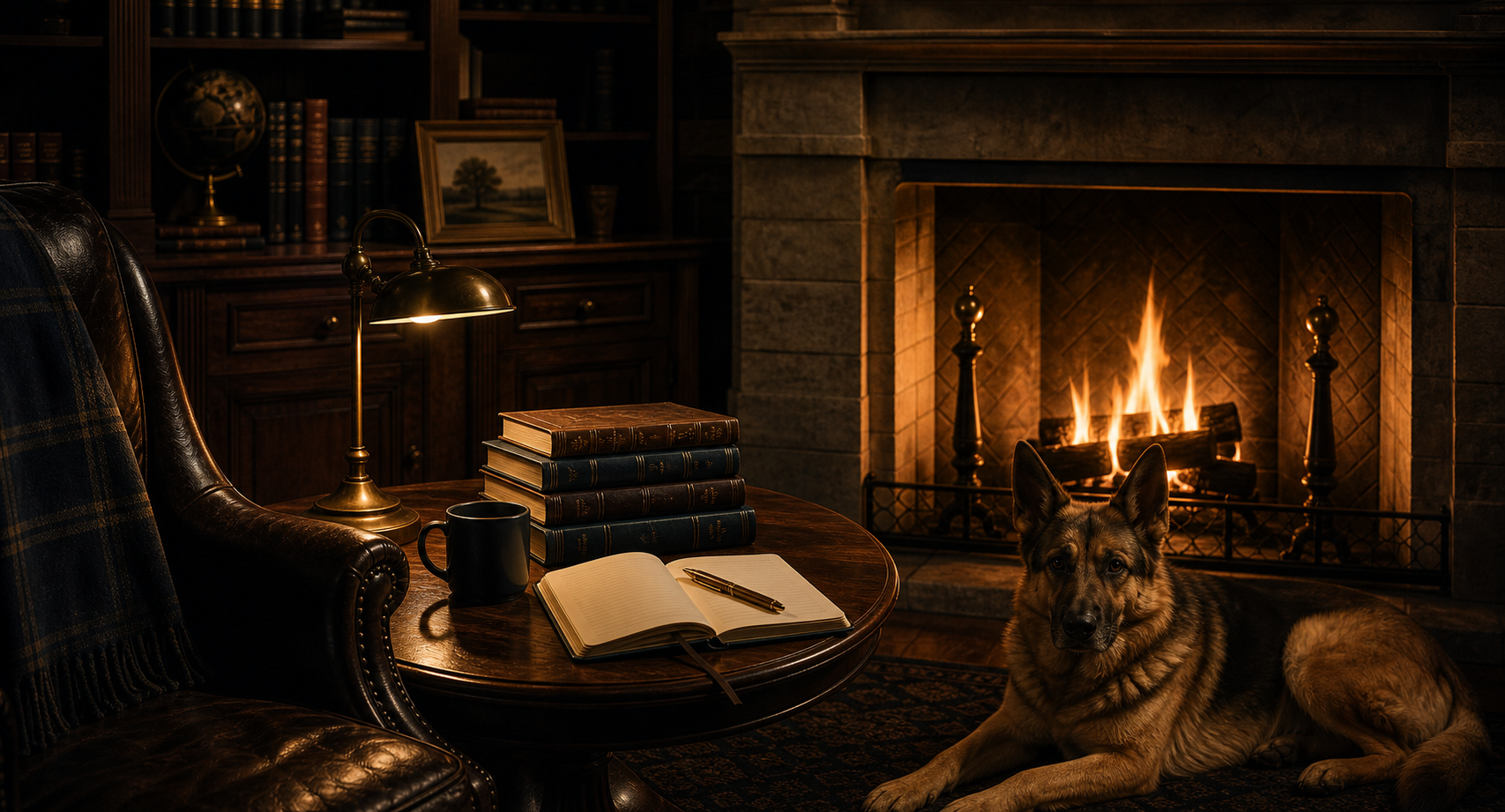 Warm field office library with a fireplace, books, coffee, leather chair, and German shepherd