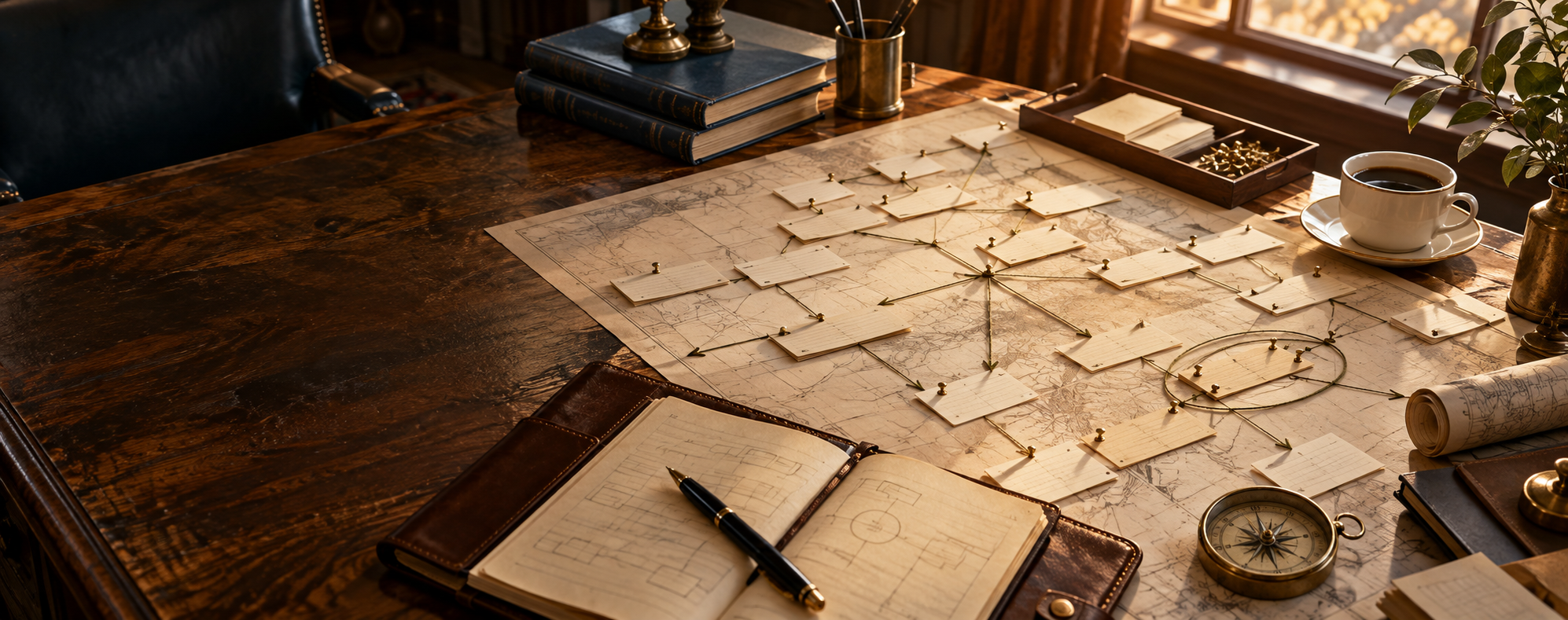 Walnut worktable with an operational map, ledger, compass, coffee, and field notes